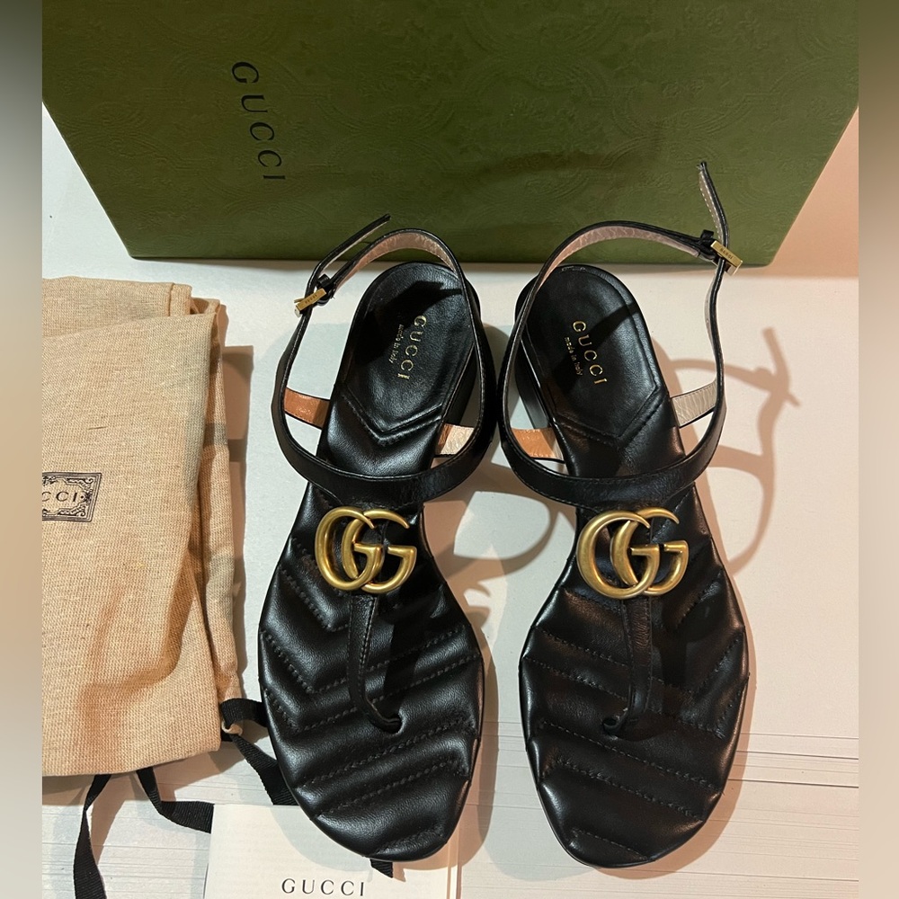 New Gucci GG marmont Double G black leather sandals - Picture 5 of 11